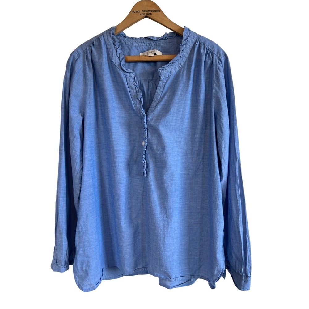 Ann Taylor Light Blue Ruffle-Trim Long-Sleeve Tunic